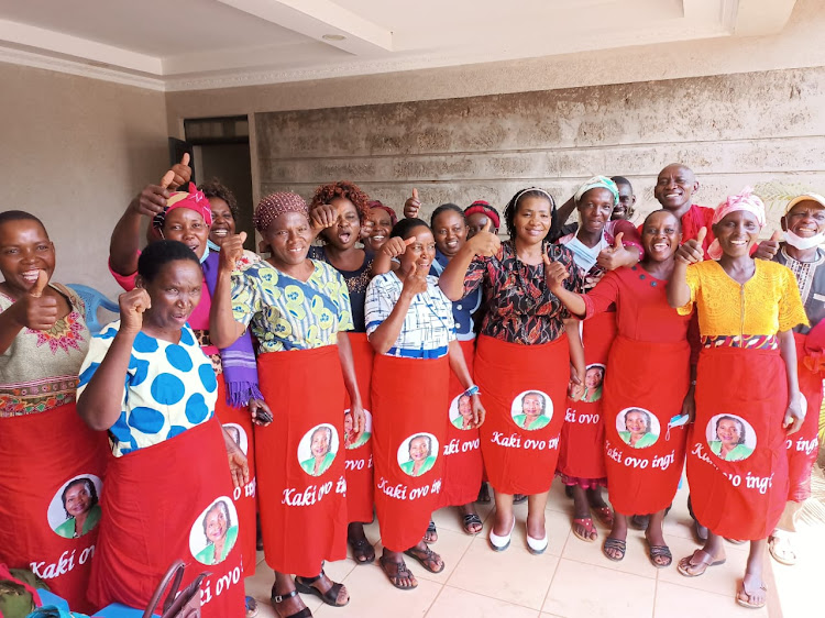 Women leaders from Kitui South pose for a group photo with their MP Rachel Kaki Nyamai at her home on Sunday, February 20.