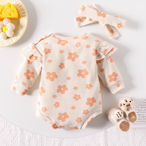 Title 3, Solid Color Waffle Print Romper with Bow Suit f...