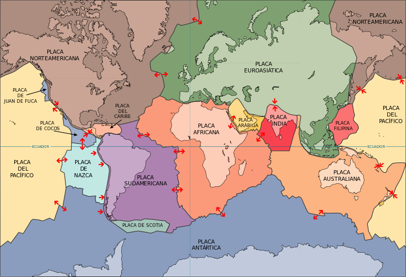 <b>Les plaques tectoniques et leurs mouvements relatifs<br></b><i>Placas tectonicas mayores.svg par  USGS - Versión en español Daroca90 Via wiki media comámonos, Creative Commons Genérica de Atribución/Compartir-Igual 3.0., https://es.wikipedia.org/wiki/Archivo:Placas_tectonicas_mayores.svg</i>