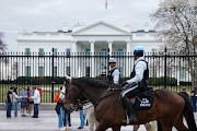 US Park Police patrol Lafayette Square on horseback near the White House in Washington, DC, US, February 23, 2023. 