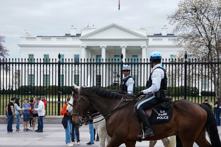 US Park Police patrol Lafayette Square on horseback near the White House in Washington, DC, US, February 23, 2023.