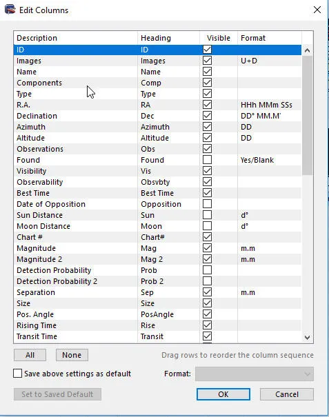 AstroPlanner: Edit Columns