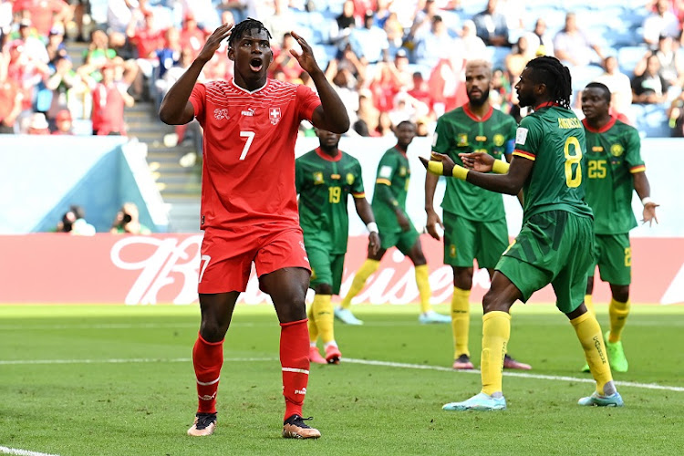 Breel Embolo of Switzerland reacts to scoring in the World Cup Group G match at Al Janoub Stadium in Al Wakrah, Qatar on November 24 2022.