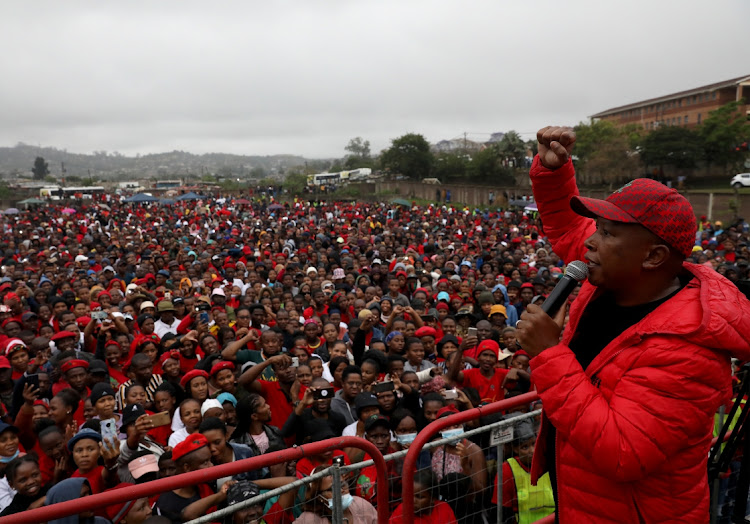 EFF leader Julius Malema addresses supporters at the party's last local government election campaign rally at Inanda Comprehensive School's sports ground.