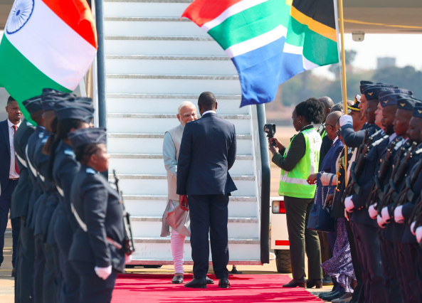 Indian Prime Minister Narendra Modi received by Deputy President Paul Mashatile.