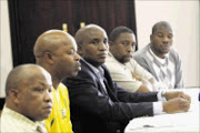 MIDFIELD BATTLE: Safa regions' task team Sam Msimango, Albert Mokoena, Nakedi Lekota, Thami Khuzwayo and Kgama Shai hold a press conference yesterday to announce that they do not recognise the new Safa leadership. Pic: BAFANA MAHLANGU. 18/10/2009