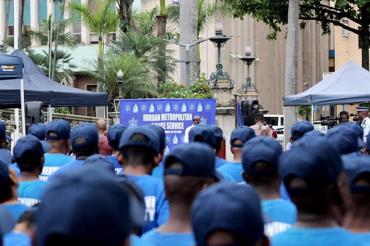 eThekwini mayor Mxolisi Kaunda at the Durban city hall on Friday, where he welcomed 200 new city police officers for the festive season.