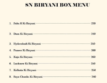 SN BIRYANI BOX menu 