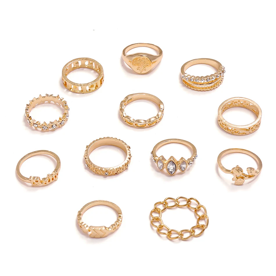 Conjunto de 12 anéis Boho Rose Baby com tulipa, corrente, flecha, escultura, estrela, pentagrama. Presente perfeito para bebês e meninas.
