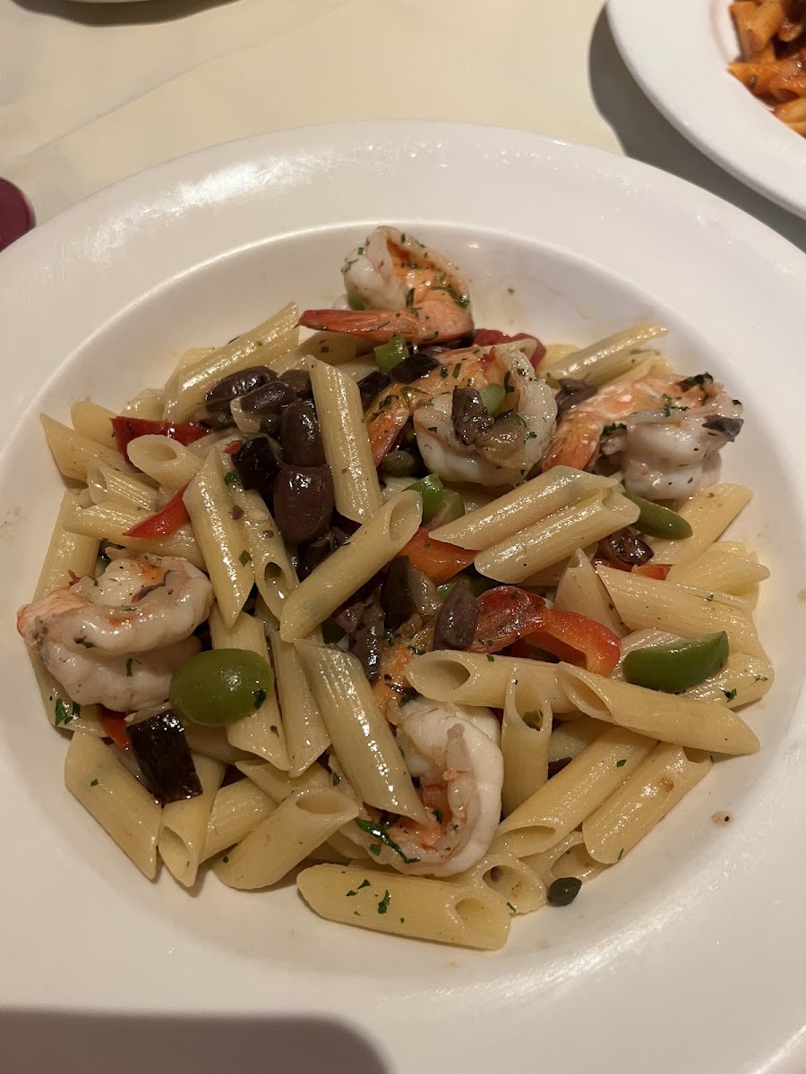 GF penne with shrimp, olives, capers, eggplant