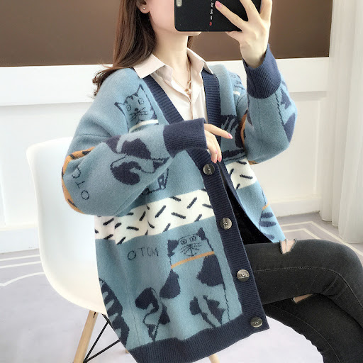 Title 2, Womens Cartoon Cat Contrast Color Sweater Coat...