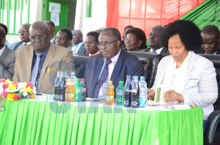 Education CS George Magoha and other Ministry officials at the Knec headquarters during the release of 2019 KCSE results on Wednesday, December 18, 2019.