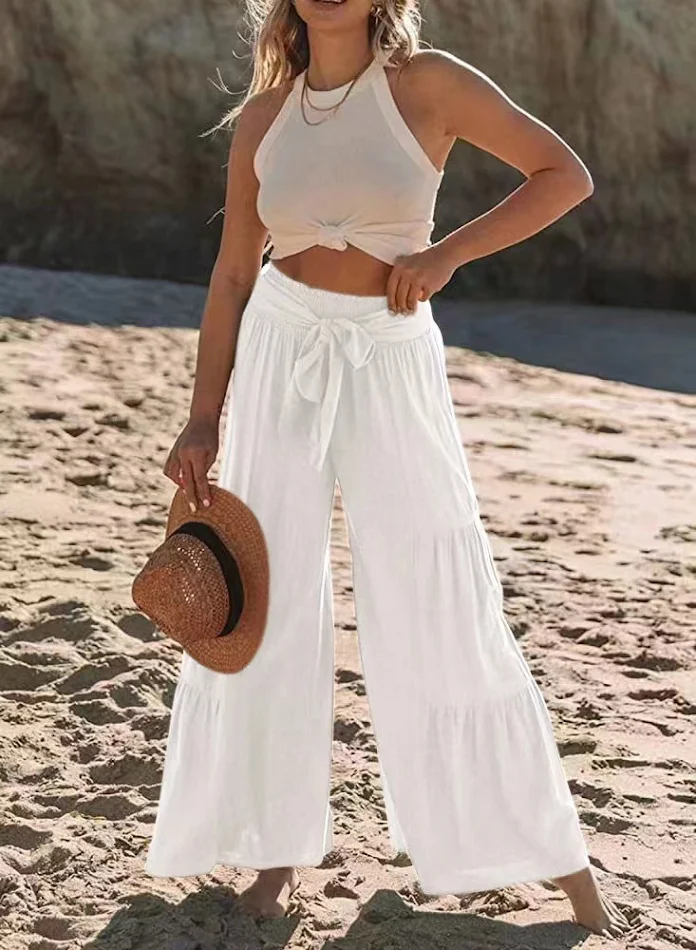 Pantalones casuales holgados para mujer, cintura alta, con costura anudada, plisados, ideales para un look cómodo y moderno
