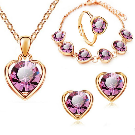 Title 8, Fashion Crystal Heart Necklace Earrings Ring Br...