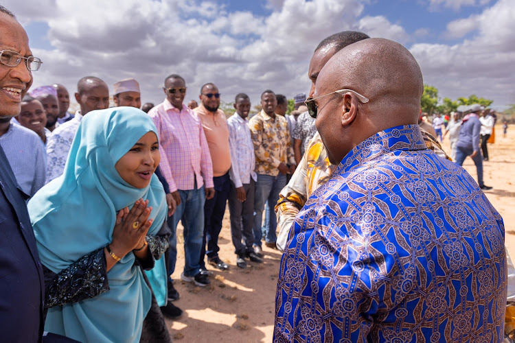 Interior Cabinet Secretary Kithure Kindiki interacting with leaders after arriving at Shanta Abaq Town in Lagdera Constituency in Garissa on March 5, 2024