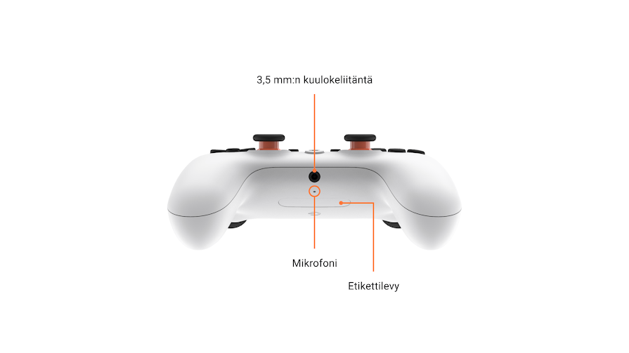 Stadia-ohjaimen alaosa mikrofoni, kuulokeliitäntä ja tarralevy korostettuna.