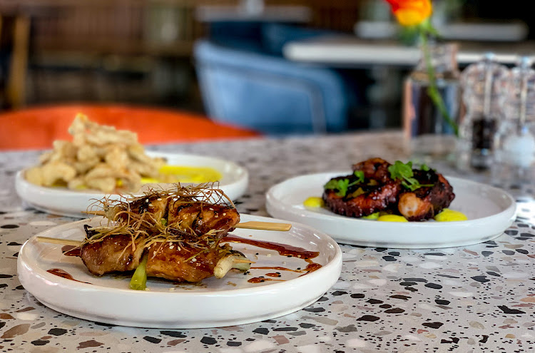 Chicken yakitori skewers, tempura shimejii mushrooms and coal-fired octopus.