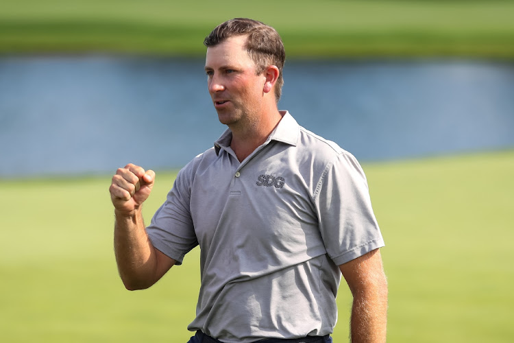 Michael Thompson celebrates his victory in the 3M Open golf tournament at TPC Twin Cities in Blaine, Minnesota, on July 26, 2020