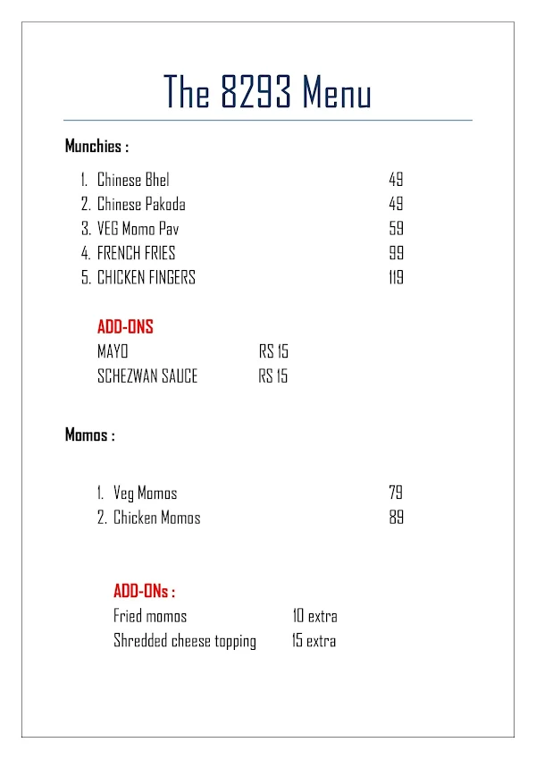 The 8293 Restaurants menu 