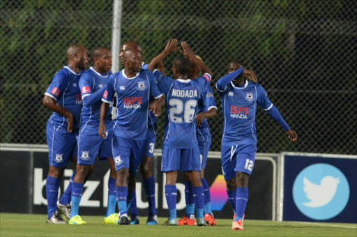 MP Black Aces players celebrate during the Absa Premiership match between Bidvest Wits and MP Black Aces at Bidvest Stadium on January 15, 2016 in Johannesburg. Picture credits: Gallo Images