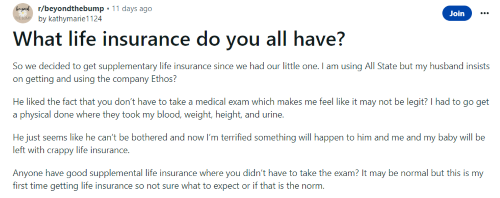 A person on Reddit inquiring for other people to share their Ethos life insurance reviews. 