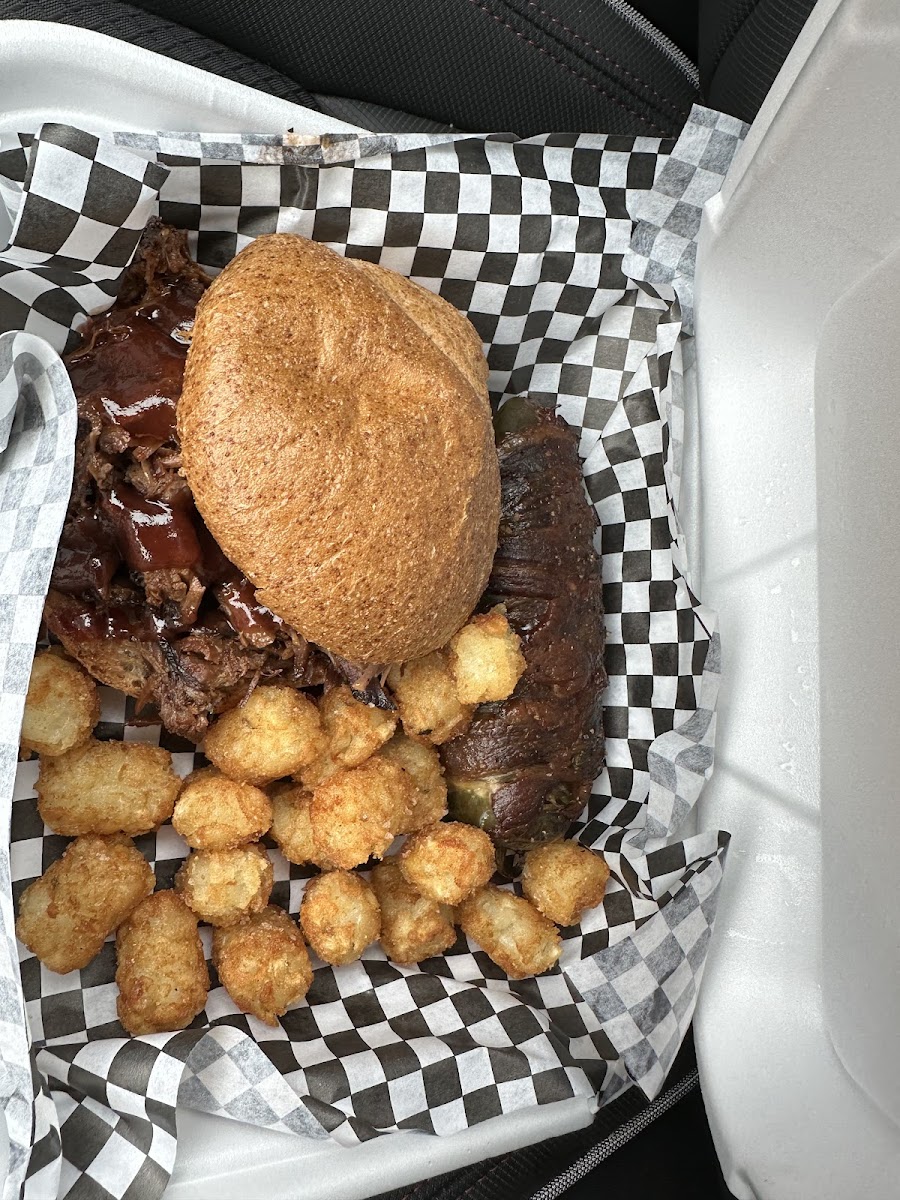 Brisket Sandwhich with Tots and a texas twinkie!