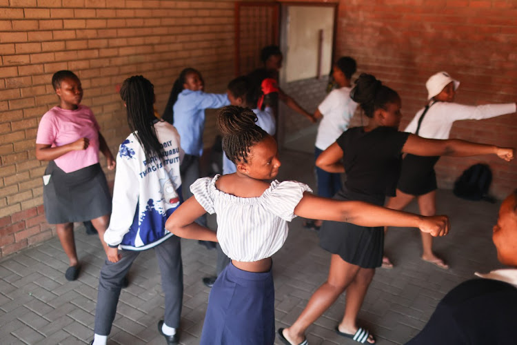 Girl pupils at Itirele-Zenzele Secondary School take part in the self-defence class.