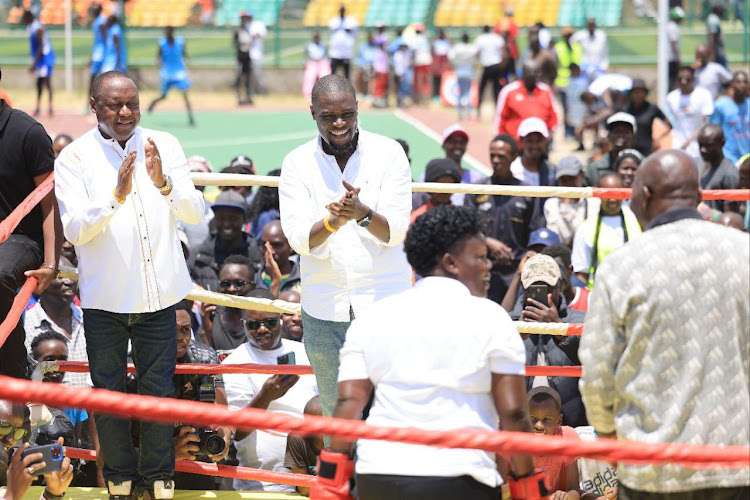 Nairobi Governor Johnson Sakaja in a wrestling ring during the opening of the Uhuru Complex Sports Arena on March 23, 2024.