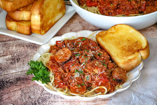 Mom's Spaghetti Sauce over a plate of spaghetti.