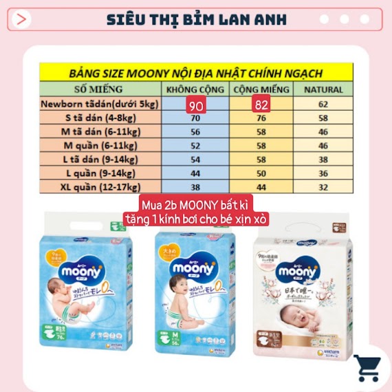 Bỉm /Tã Moony Cộng Miếng/ Siêu Cộng/ Natural/Tiêu Chuẩn Nội Địa Nhật Đủ Size Nb82/S76/M58/ L54/ L50/ Xl44