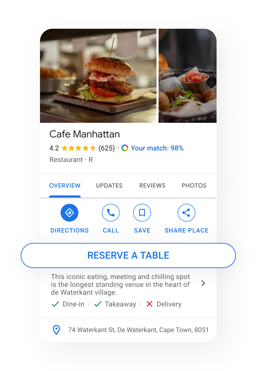 Image of a Business Profile on a mobile device view, showing customers 2 buttons: reserve a table or join waitlist.