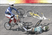 GROUNDED:  Sifiso Nhlapo  crashes during the men's final run of the BMX cycling competition at the Beijing 2008 Olympic Games in  2008.      photo: REUTERS