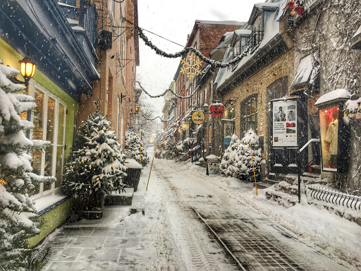 A quiet street scene in the Quartier Petit Champlain of Quebec City, Canada.