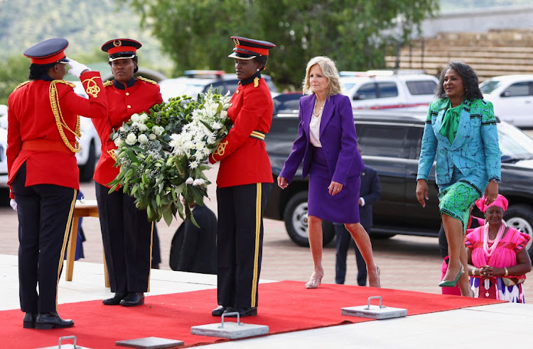 Namibia's First Lady Monica Geingos escorts U.S. First Lady Jill Biden during a wreath laying ceremony at the Heroes’ Acre, in the capital Windhoek, in Namibia, February 22, 2023.