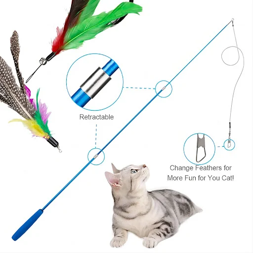 Cat Toys Feather Interactive Teaser Stick Wand Pet Retractable Feather Bell Refill Replacement Catcher Product for Cat E