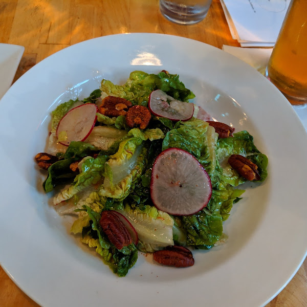 Deer tongue salad (let me save you the Googling: deer tongue is a type of lettuce)...ignore non-celiac husband's beer in the photo. We both had same salad; I just dove into mine before taking a photo