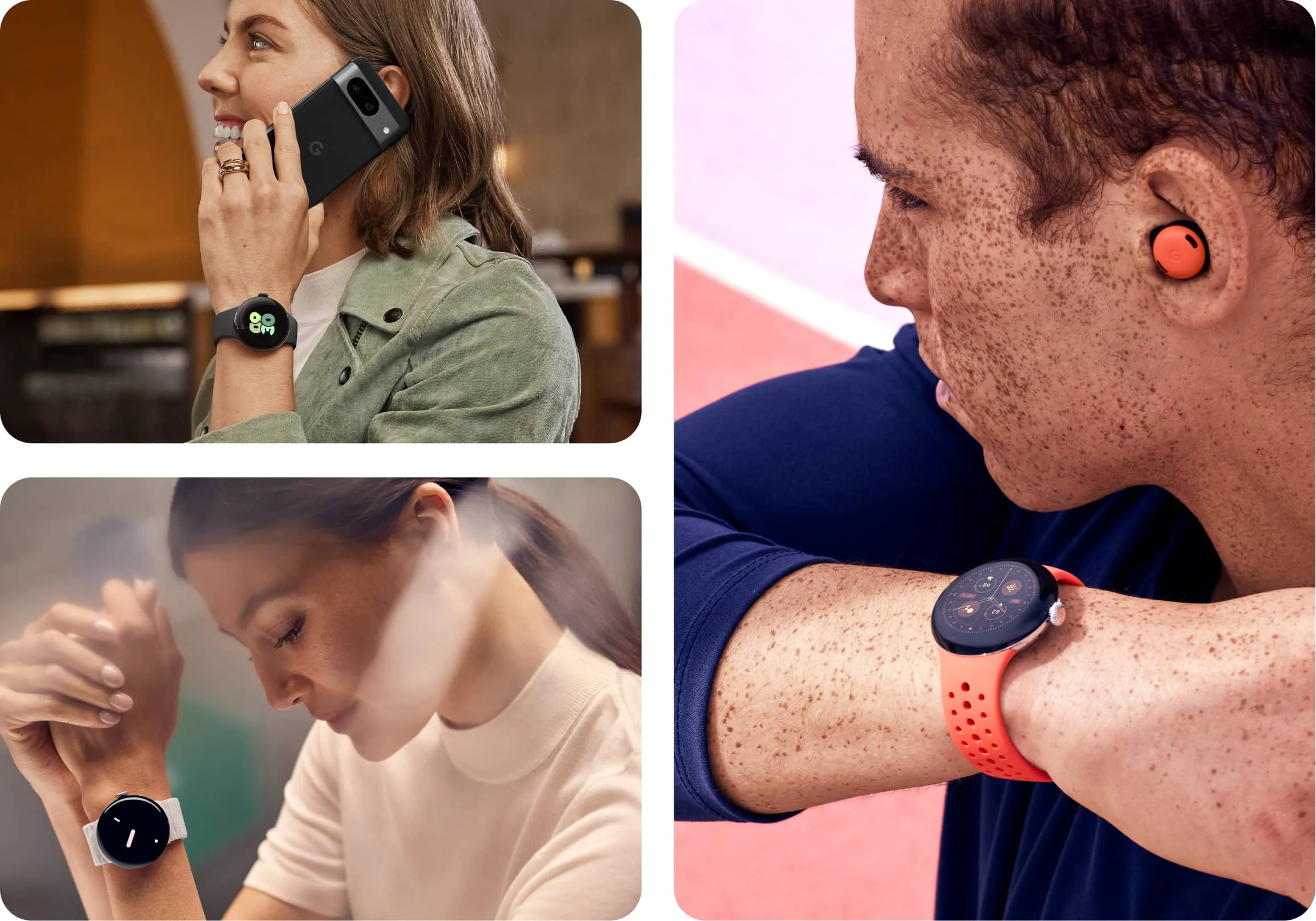 Three people all wearing Google Pixel Watch 2, showing that the watch can be worn in everyday settings and more active settings.