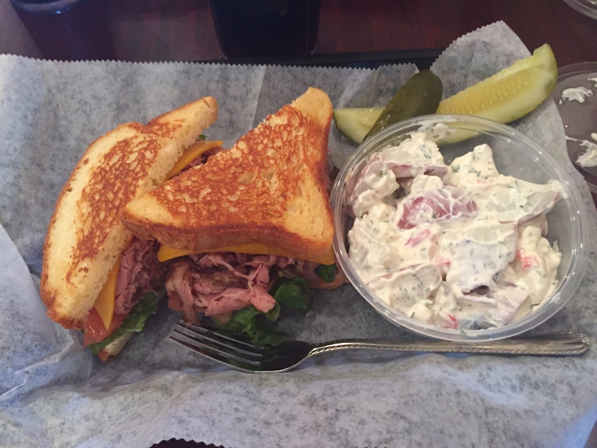 Roast beef and cheese on GF bread with potato salad. Delicious!