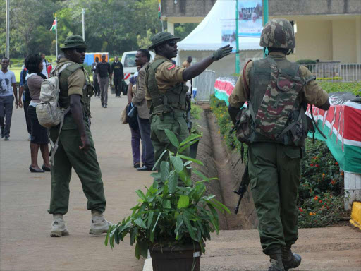 Recce Squad officer patrol the UON grounds in Nairobi last year. Photo/Enos Teche.