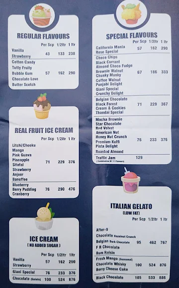 Giani's Ice Cream menu 