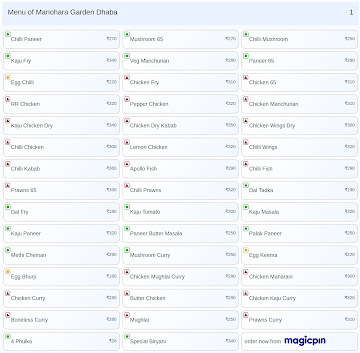 Manohara Garden Dhaba menu 
