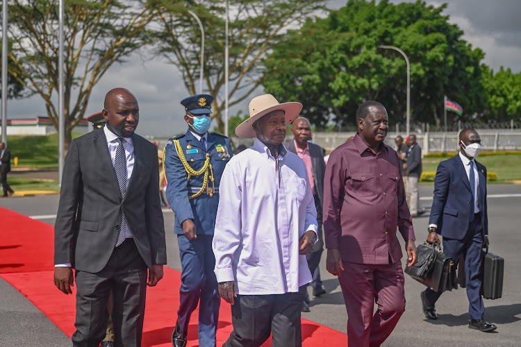 Transport CS Kipchumba Murkomen, Ugandan President Yoweri Museveni and Azimio la Umoja leader Raila Odinga on May 17, 2024.