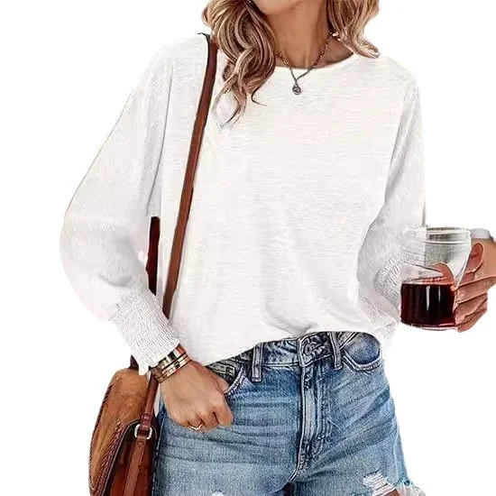T-shirt Femme Col Rond Manches Longues Ample Smocking Top Décontracté Mode Européenne et Américaine Haut Confortable pour Toutes Occasions