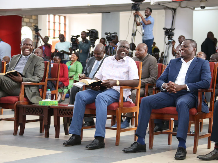 President William Ruto and Kiharu MP Ndindi Nyoro at a Church service in AIC Milimani on May 14, 2023.