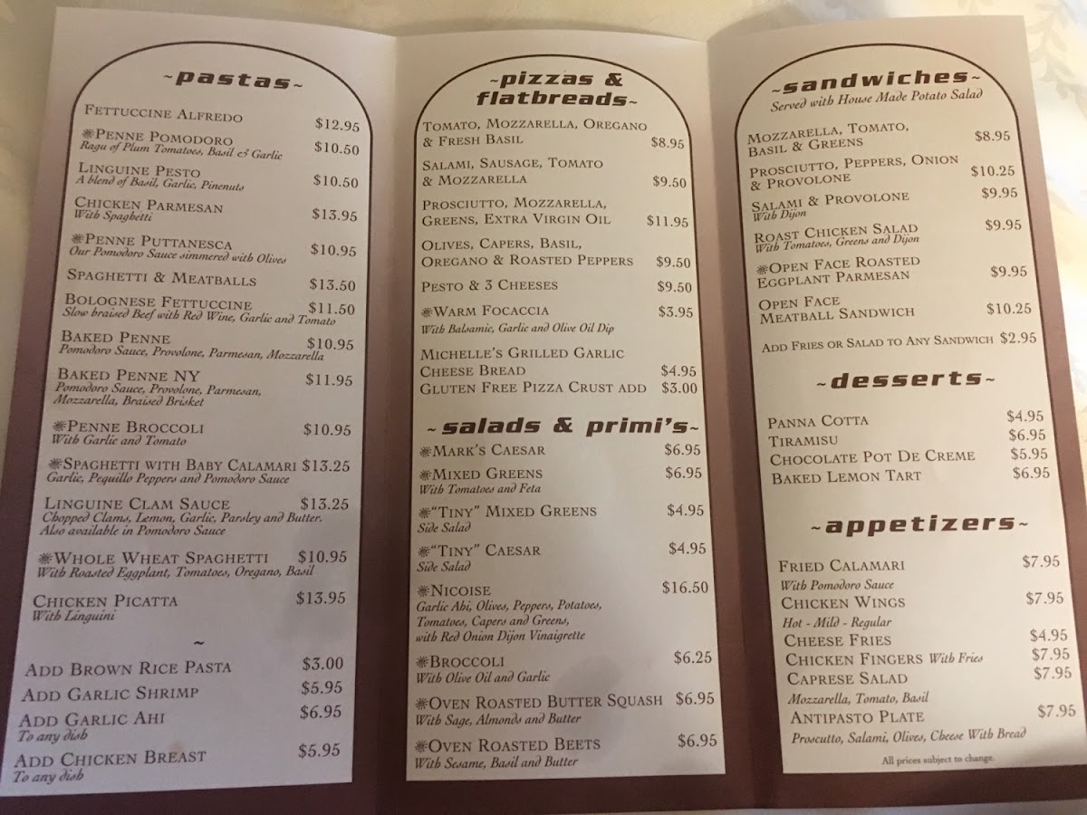 Penne Pasta Cafe gluten-free menu