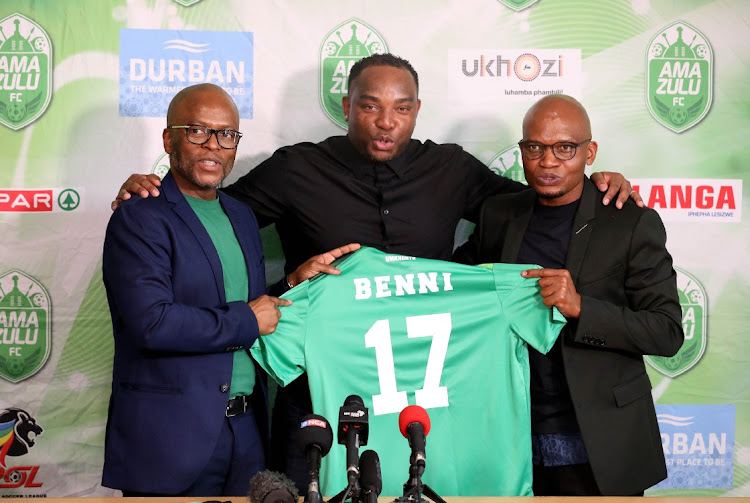 Benni McCarthy named as a new coach Amazulu FC with him is Chairman of Amazulu FC Sandile Zungu and Manzini Zungu