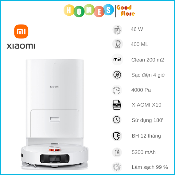 Robot Hút Bụi Lau Nhà Xiaomi X10 - Bản Quốc Tế Tự Gom Đổ Rác Tự Động Tạo Bản Đồ Siêu Nhanh, Tự Động Tối Ưu Dọn Dẹp, Camera Ai Thông Minh Áp Suất 4000 Pa, Công Suất 46 W - Hàng Chính Hãng