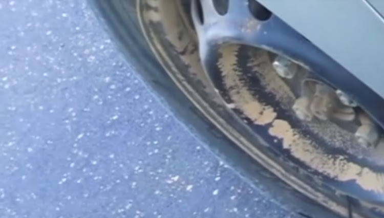 A tyre that was popped by a lion in the Kruger National Park.