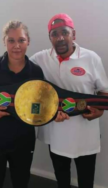 SA junior heavyweight champ Razel Mohammed and her trainer Caiphus Ntate.