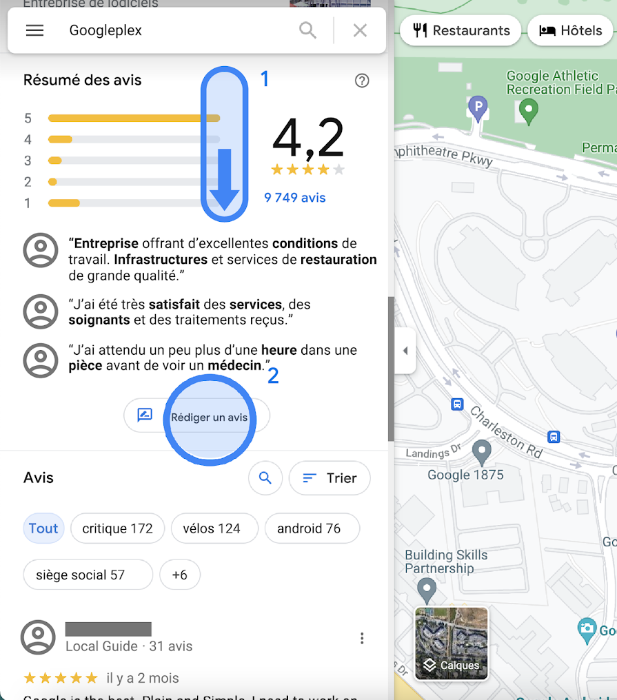 Dans Google Maps, un résumé des avis sur le Googleplex est affiché dans la barre latérale gauche. Il inclut la moyenne des notes, une sélection d'avis, un bouton "Rédiger un avis" et une liste de tous les avis.